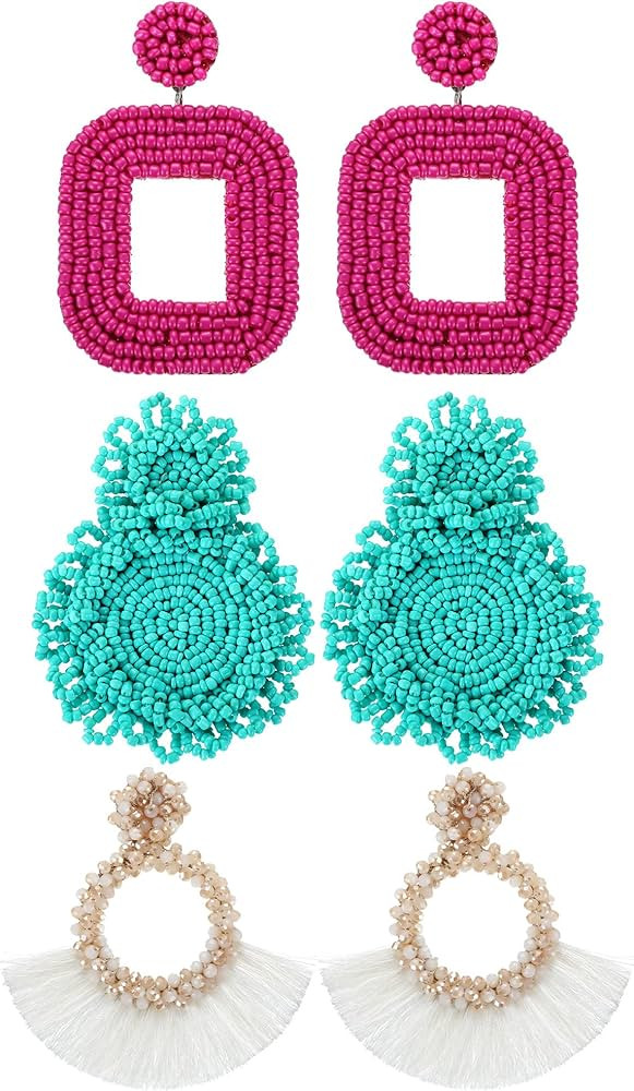 3 Pairs Statement Drop Beaded Earrings Handmade Tassel Fringe Dangle Earrings and Wire Wrap Squar... | Amazon (US)