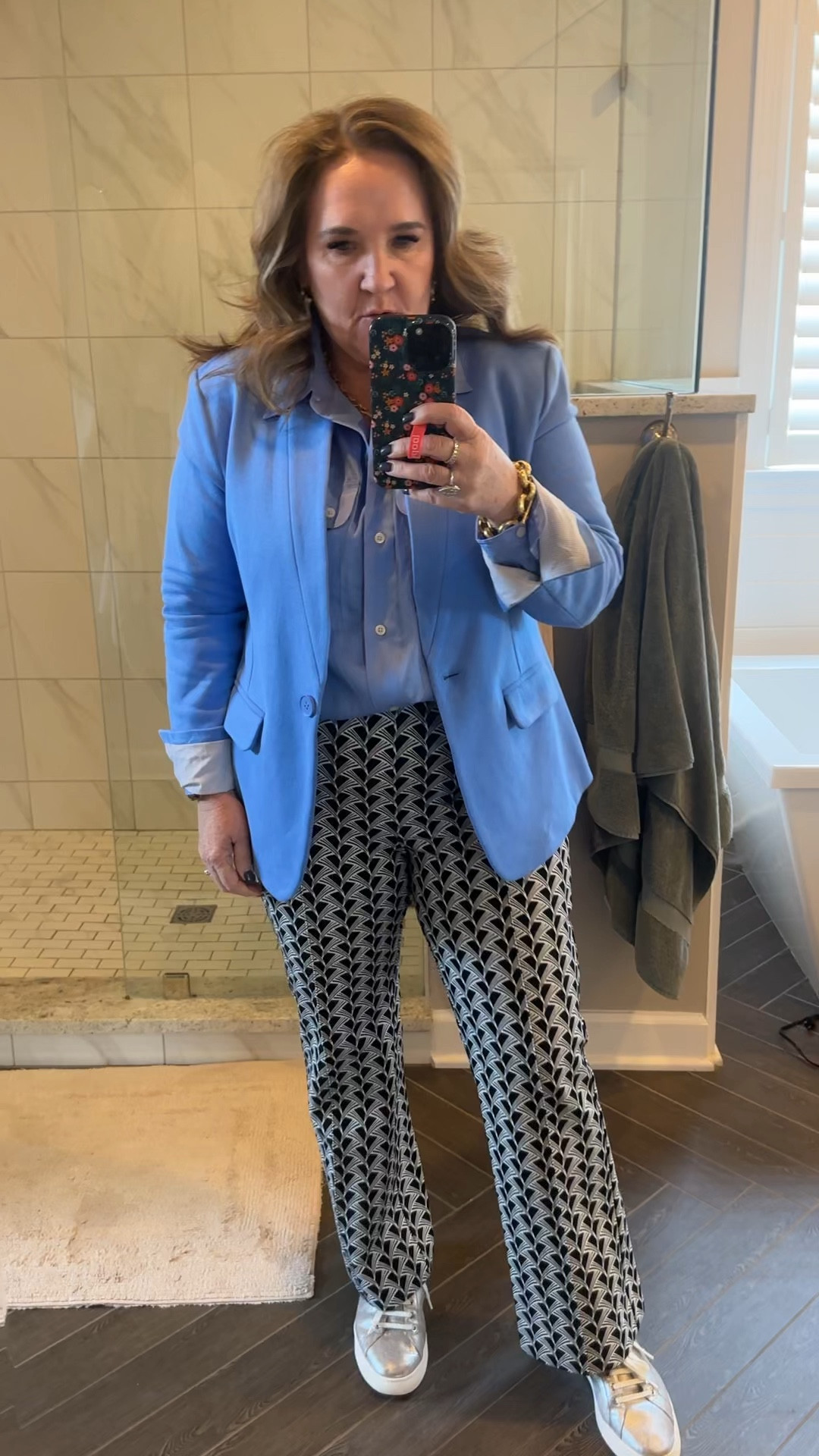 Business casual look. Silver metallic sneakers. Blazer and pants are knit. This looked polished but felt relaxed. Loved it. 
Blazer size XL 10% off with code NANETTE10
Blouse size L
Pants size L 
Sneakers tts 

#LTKmidsize #LTKfindsunder100 #LTKover40