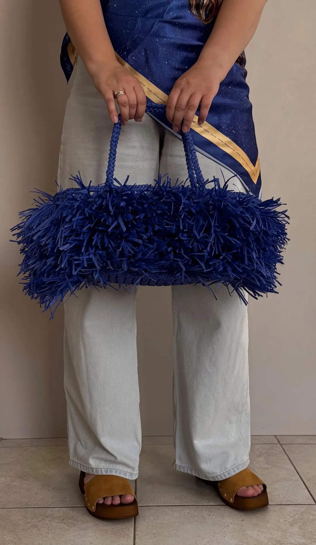 Crochet blue raffia bag with fringe | Etsy (US)