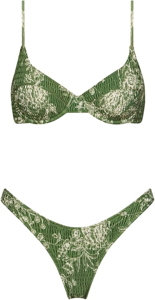 VOLAFA Women's Triangle Bikini Set Textured Frilled Smocked Ruched Push Up Swimsuit Two Piece Bat... | Amazon (US)