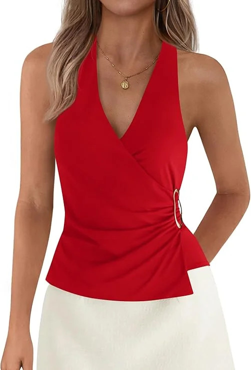 PRETTYGARDEN Womens Halter Top Spring Tie Wrap Sleeveless Ruched V Neck Fitted Summer Tops Backle... | Walmart (US)