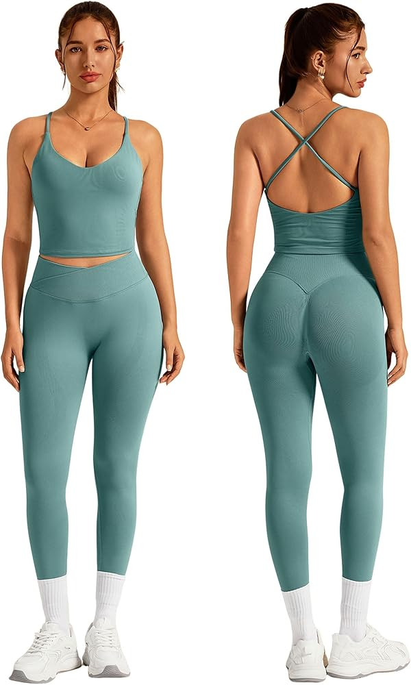 ABOCIW Womens Workout Sets 2 Piece Seamless Strappy Tank Top Crossover Waist Leggings Gym Sets Ac... | Amazon (US)