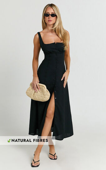 Cameron Midi Dress - Button Front Tie Back Dress in Black | Showpo (US, UK & Europe)