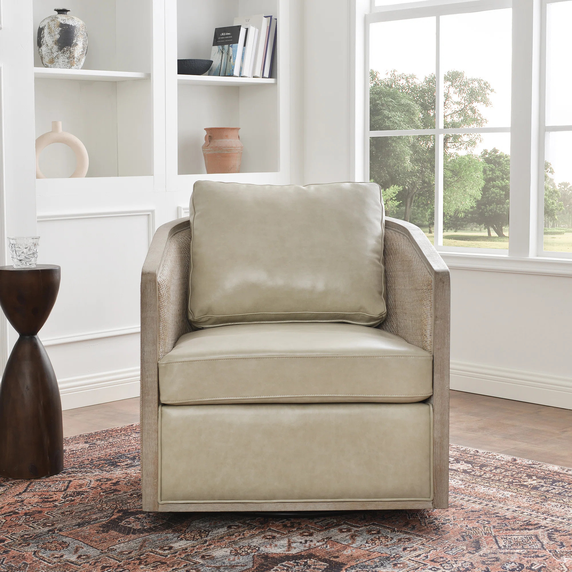 Genuine Leather Oak Wood Cane Swivel Barrel Chair | Wayfair North America