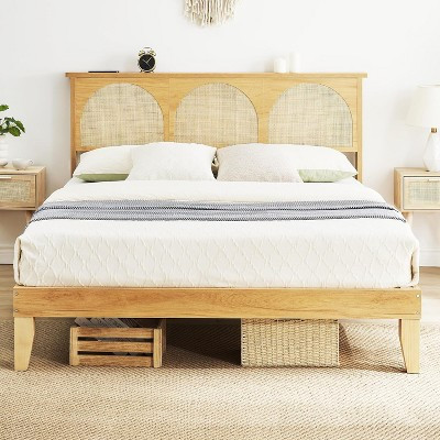 Boho-Chic Rattan Full Size Bed Frame with Headboard - Solid Wood Support Legs, Wood Platform Bed with Built-in LED Lights, Noise-Free Structure | Target