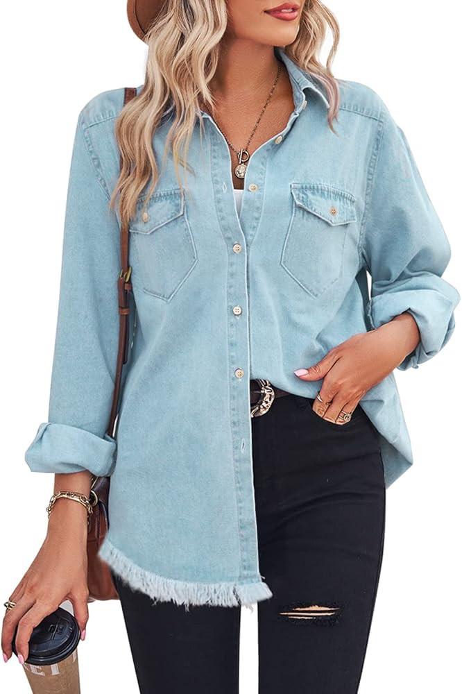 Zilcremo Women Denim Shirt Chambray Collared Jean Shirts Long Sleeve Pocket Button Down Blouses | Amazon (US)