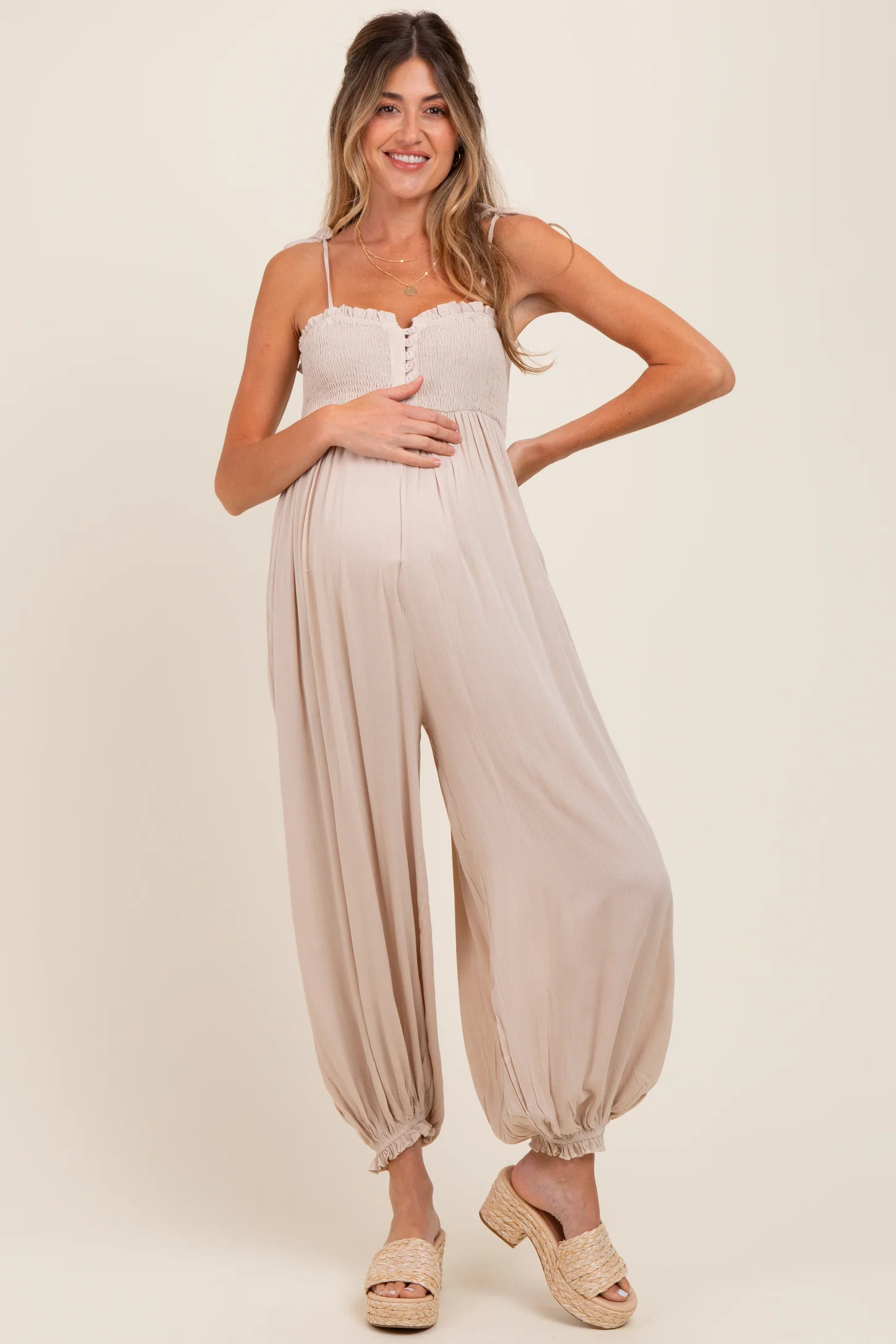 Beige Smocked Button Front Shoulder Tie Maternity Jumpsuit | PinkBlush Maternity