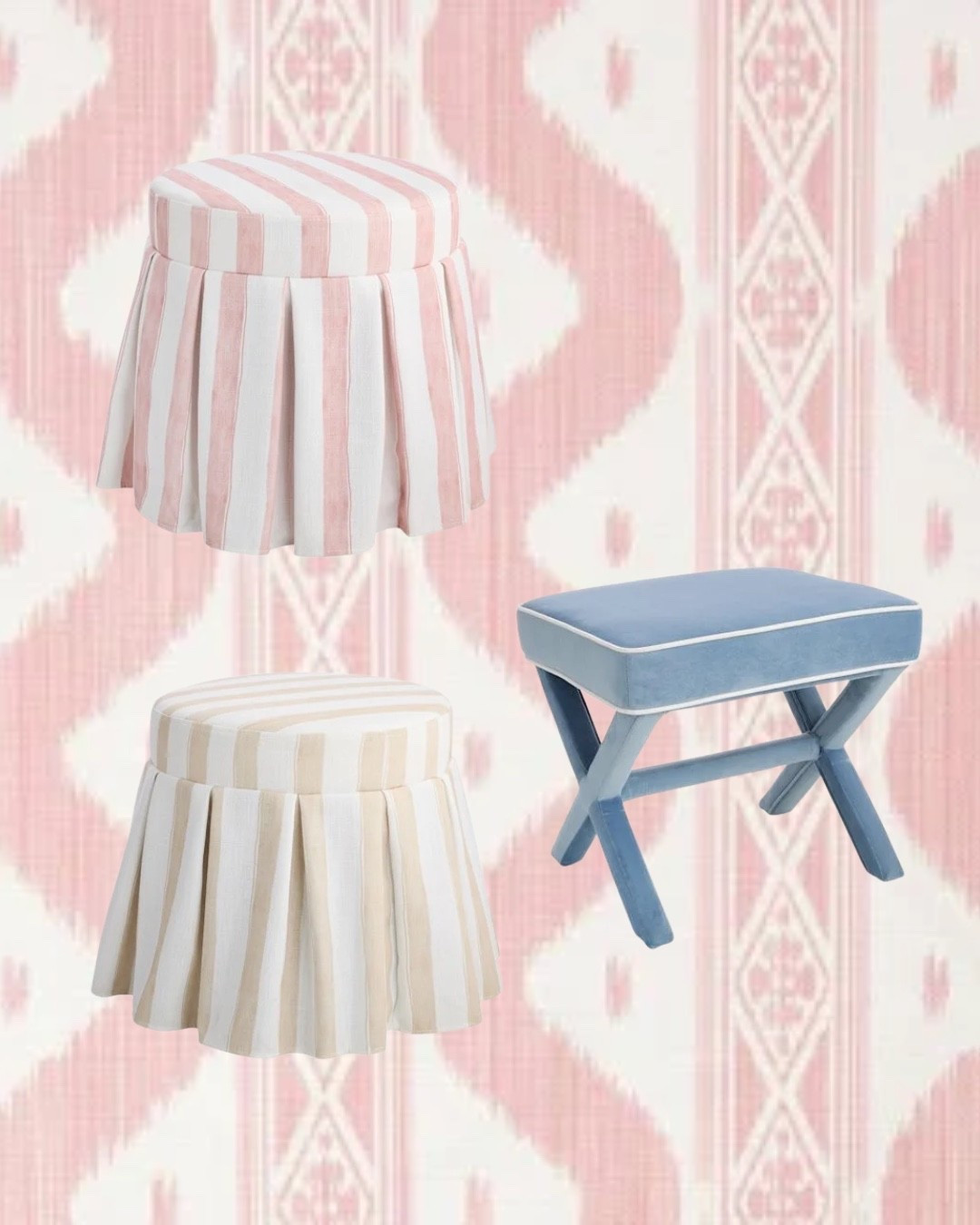 Loooove an ottoman! 

The stripe ones are perfect vanity ottomans and the x bench ottoman, use two under a console 🩵🩷🤍 

Prices are amazing 🤩

#LTKdayinmylife #LTKHome