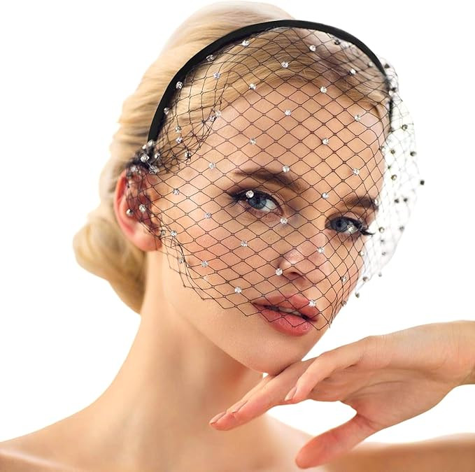 Mesh Veil Fascinator Headband 1920s Headpiece for Women Funeral Veil with Rhinestones for Tea Par... | Amazon (US)