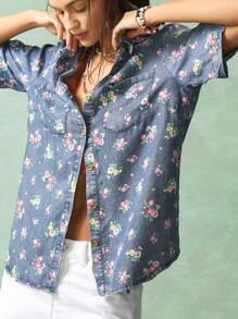 Bohemela Fitted Women Summer Boho Denim Printed Collared Short Sleeve Shirt, Casual For Music Fes... | SHEIN