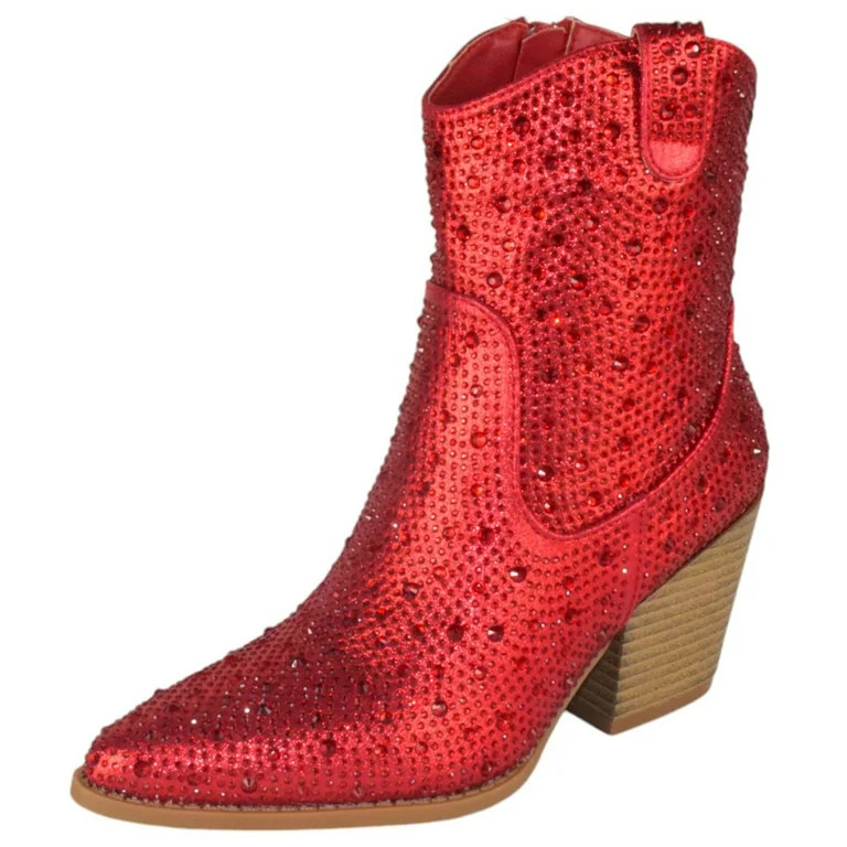 Top Moda Women Ankle Cowboy Western Boots Block High Heels Rhinestone Bling Glitter Short Booties... | Walmart (US)