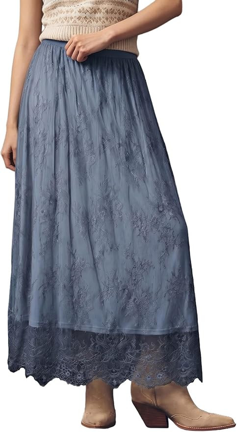 BLENCOT Women's Boho Lace Maxi Skirt A-Line Flowy Long Skirts for Casual | Amazon (US)