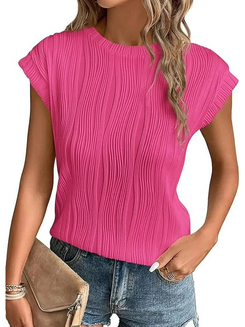 PRETTYGARDEN Women's Summer Going Out Tops Dressy Casual Crewneck Short Sleeve Textured Basic Cut... | Walmart (US)