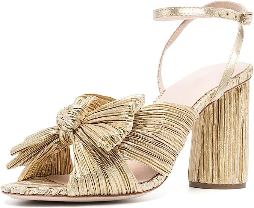Amazon.com | Mattiventon Bowknot Heeled Sandals for Women Ankle Strap Wedding Sandals Bridal Chun... | Amazon (US)