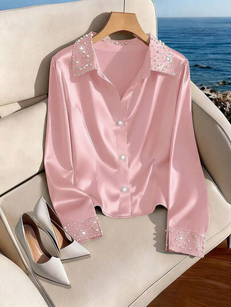 GlowEve CURVE Plus Size Women's Short Sleeve Blouse, Elegant Sparkly Romantic Rhinestone Embellished Cuffs And Collar | SHEIN