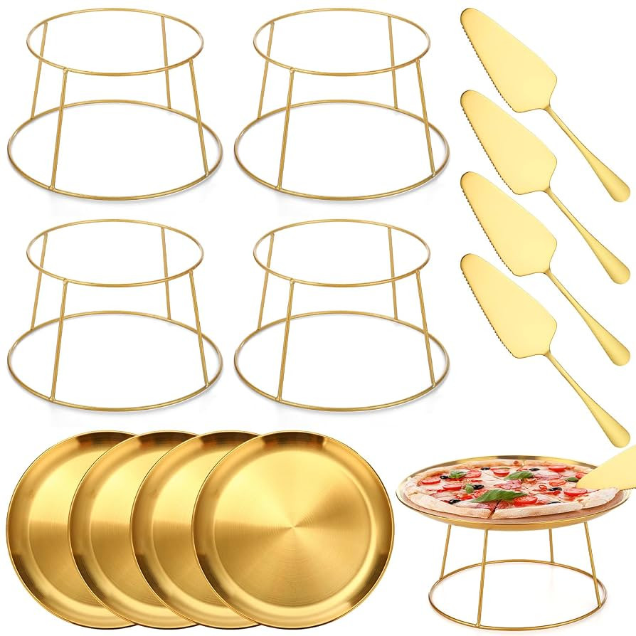 12 Pcs Pizza Stand Set: 4 Metal Stands, 4 Pizza Pans, 4 Spatulas for Weddings, Party(Gold,Round) | Amazon (US)