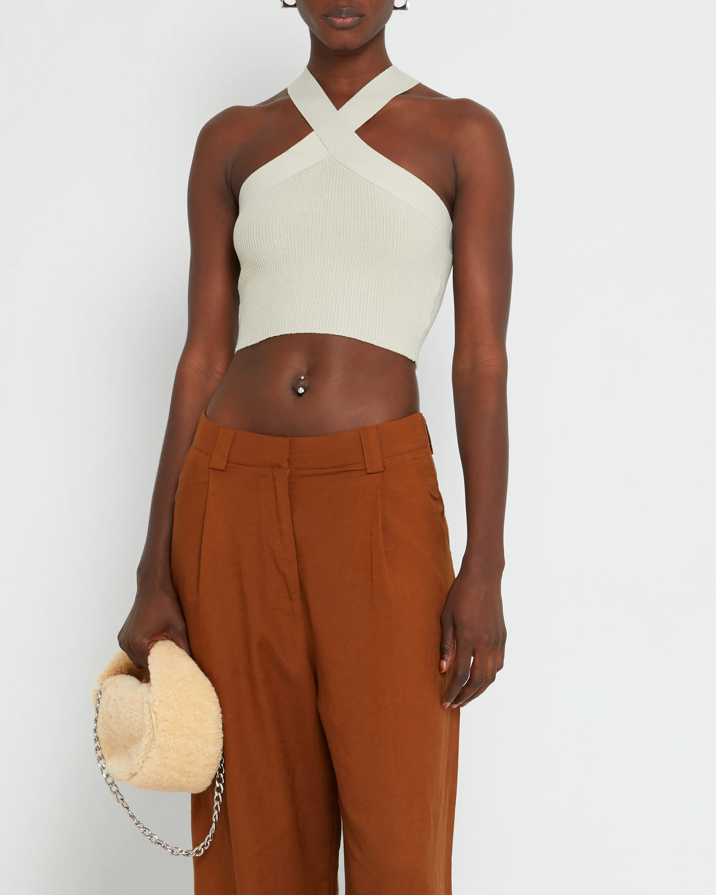 Sculpting Knit Criss Cross Cropped Halter Tank CREAM / XS | Few Moda