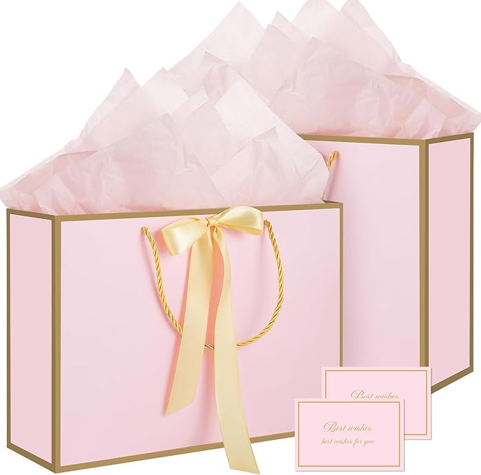 woric Pink Gift Bags with Handles, 14" Medium Gift Bags with Tissue Paper, 2 Pcs Pink Bags with 4... | Amazon (US)