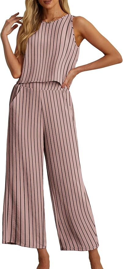 IWOLLENCE Women's Summer 2 Piece Outfits Set Round neck Sleeveless Tank Crop Top Wide Leg pants S... | Amazon (US)