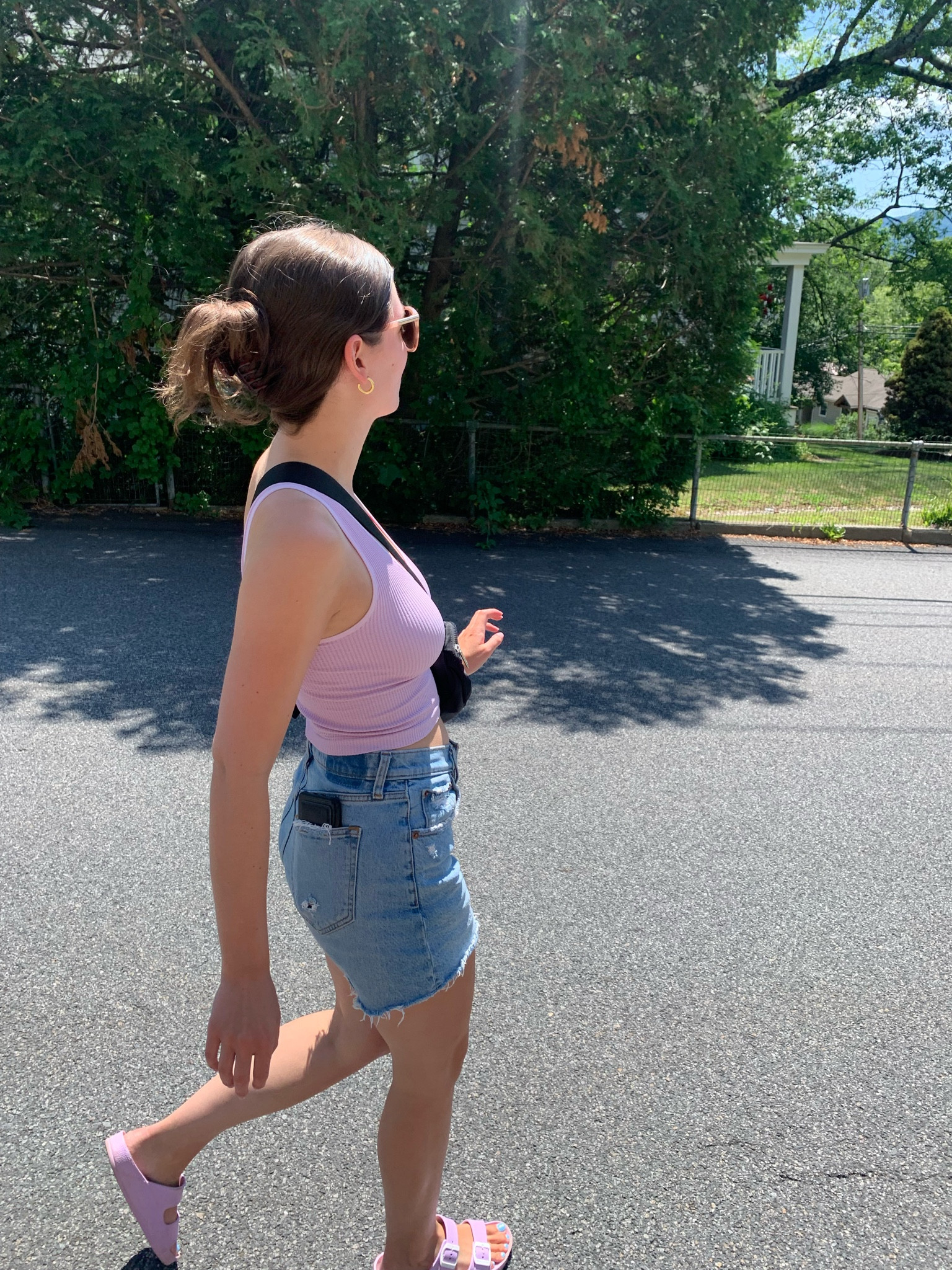 a go to everyday outfit for me!! abercrombie jean shorts, purple ribbed thank top, purple birkenstocks (can you tell i like purple??), my lululemon belt back, gold hoops, and claw clip to hold all my hair back😊 love all of these items!!!

jean shorts, everyday outfit, tank top, crop top,  gold earrings, summer outfit, summer shoes, belt bag, lululemon 