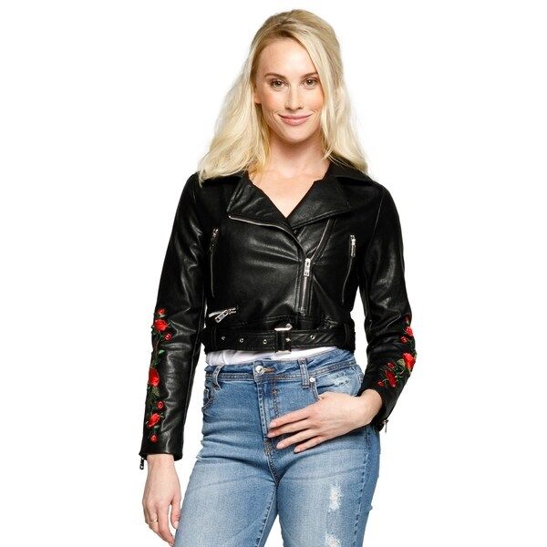 Xehar Womens Floral Embroidery Cropped Moto Faux Leather Jacket | Bed Bath & Beyond