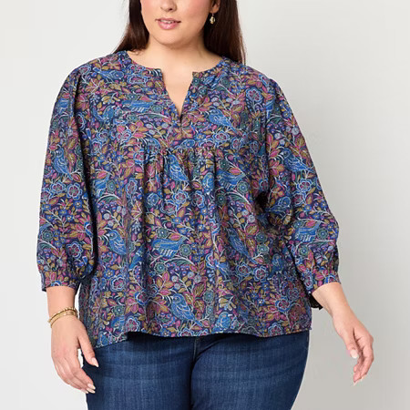 St. John's Bay Womens Split Crew Neck 3/4 Sleeve Plus Blouse, 0x, Blue | JCPenney