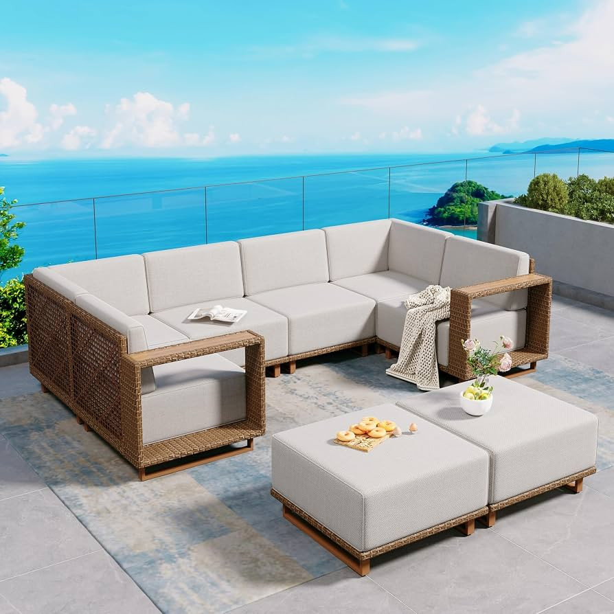 SUNSHINE VALLEY Patio Furniture Set, Outdoor Sectional Yellow Rattan Wicker Sofa with 10''Ultra-T... | Amazon (US)