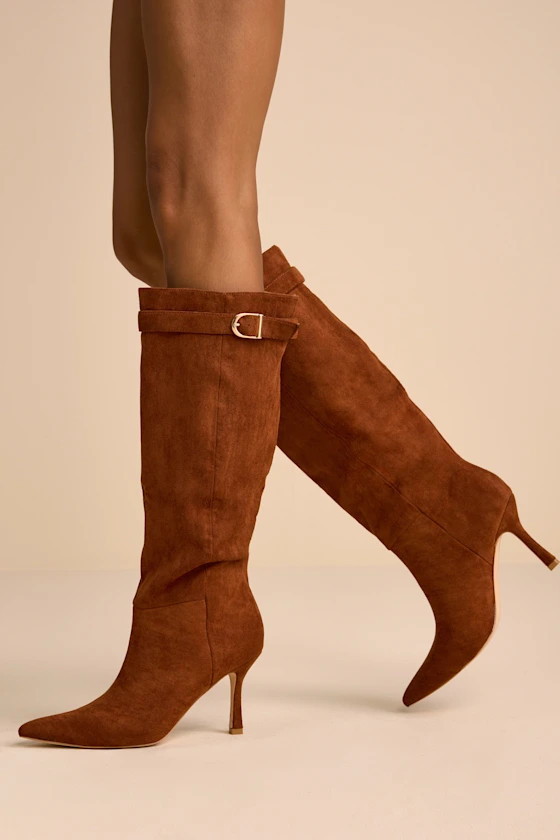 Ronette Brown Suede Slouchy Buckle Knee-High Boots | Lulus