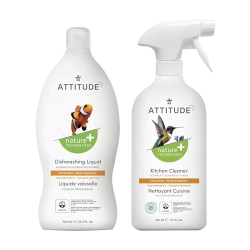Bundle of ATTITUDE Kitchen Cleaner, EWG Verified, Advanced Degreasing Power, Plant and Mineral-Based, Vegan, Citrus Zest, 27.1 Fl Oz + Dishwashing Liquid, Citrus Zest, 23.7 Fl Oz | Amazon (US)