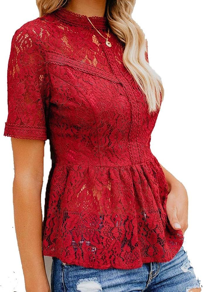 Tobrief Women's Short Sleeve Sexy Sheer Mesh Lace Blouse Peplum Top | Amazon (US)