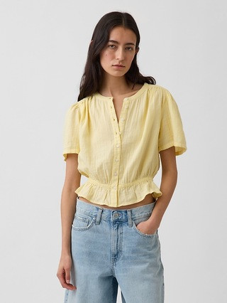 Cotton Gauze Button-Front Crop Peplum Top | Gap (US)