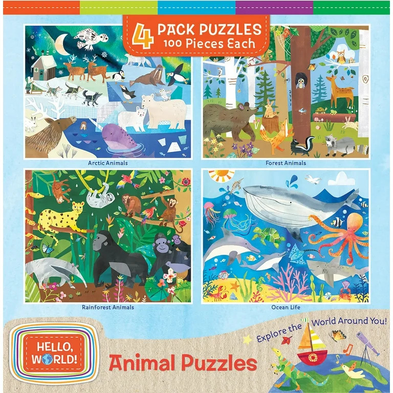 MasterPieces Kids Jigsaw Puzzle Set - Hello World Animals 4-Pack 100 Pieces | Walmart (US)