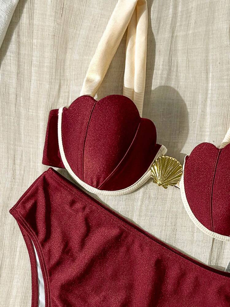 Bikinx Women's Elegant Vacation Shell Cup Contrast Trim Thin Wire Swimsuit, Summer | SHEIN