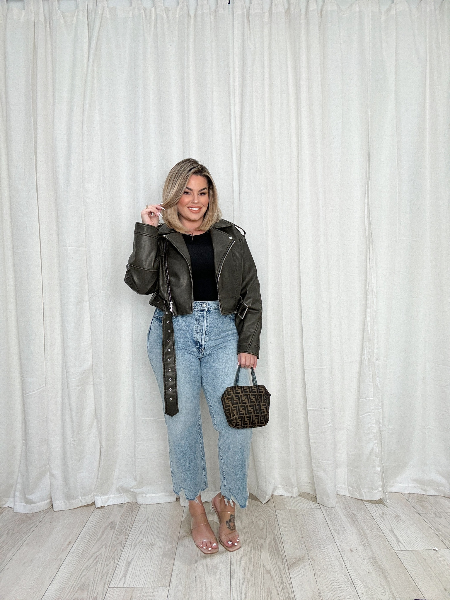 Jeans size up 1 size because they don’t have stretch I’m wearing a 33 they fit incredible ! 
Tank M its compressive enough so I don’t have to wear a bra. 
Jacket xl 
Use code shayna10 to save $ on necklace 

#LTKmidsize #LTKfindsunder50 #LTKsalealert