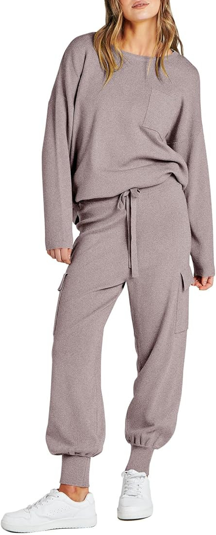 Caracilia Women's Two Piece Outfits Sweater Sets Long Sleeve Knit Pullover Tops and Cargo Jogger ... | Amazon (US)