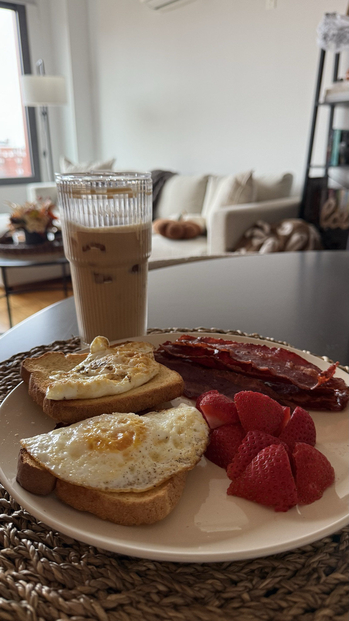 Slow morning at home ☕🍓 keeping breakfast simple but good — eggs, toast, and my go-to iced latte in my favorite Amazon glass. 

#LTKFindsUnder100 #LTKGiftGuide #LTKHome