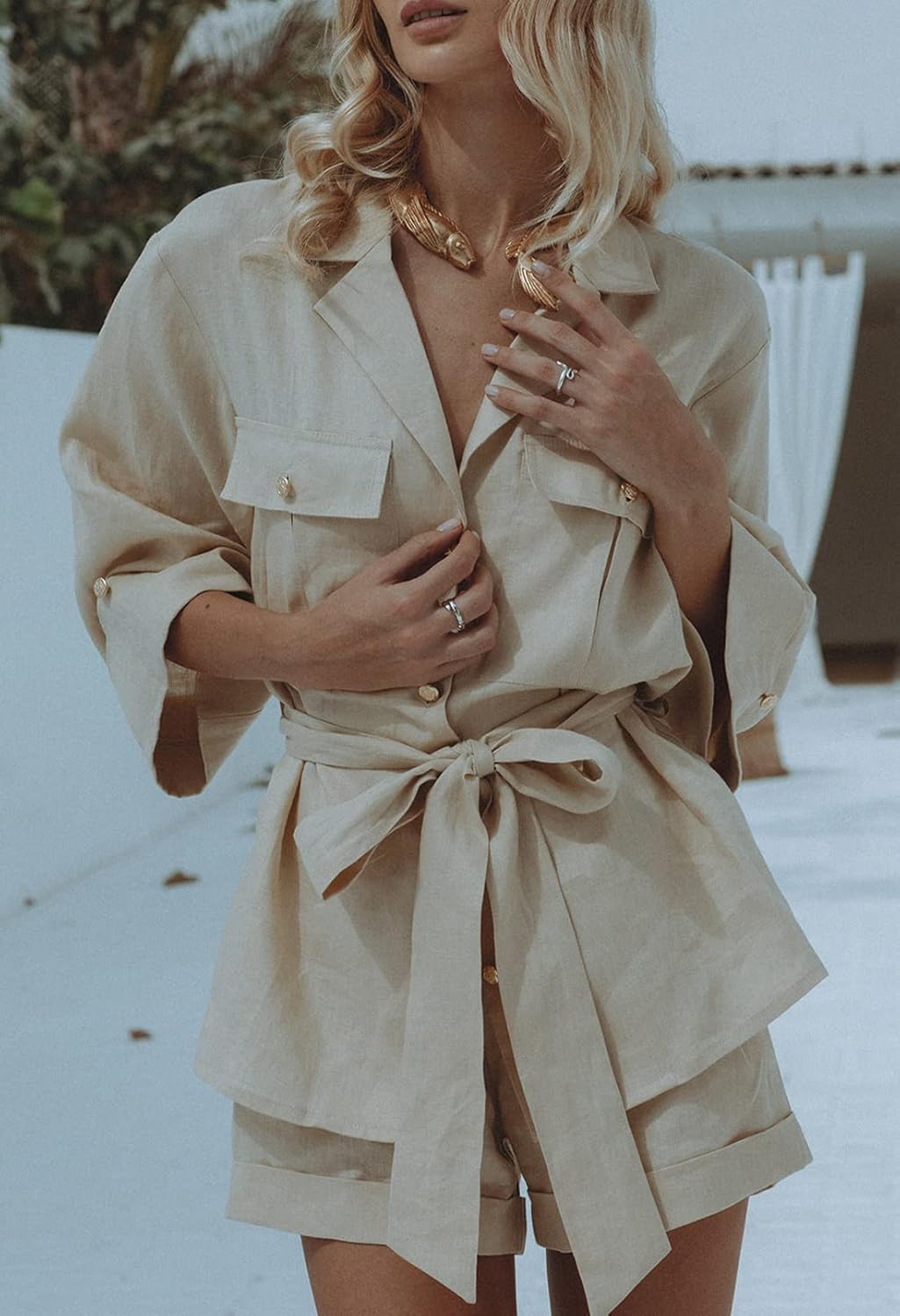 Linsery 2 Piece Linen Outfits Button Shirt Top and Mini Shorts Summer Sweatsuit Set | Amazon (US)