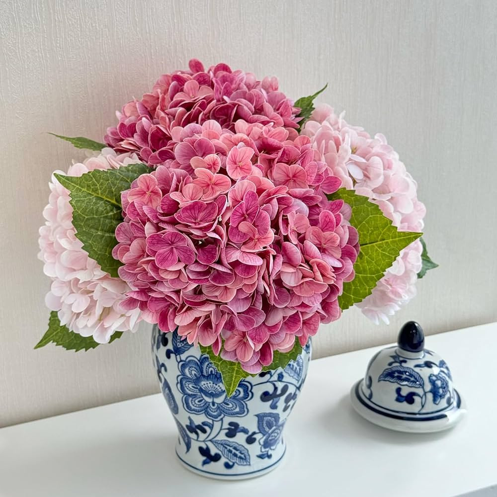 4 Pcs Magenta Real Touch Aritificial Hydrangeas 21'' Real Looking Faux Latex Pink Hydrangeas for ... | Amazon (US)