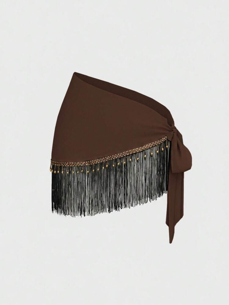 ROMWE Saia Transparente Com Cordão, Franjas Bordadas E Estampa Retrô Hippie De Música Western E Paisley Para Mulheres | SHEIN