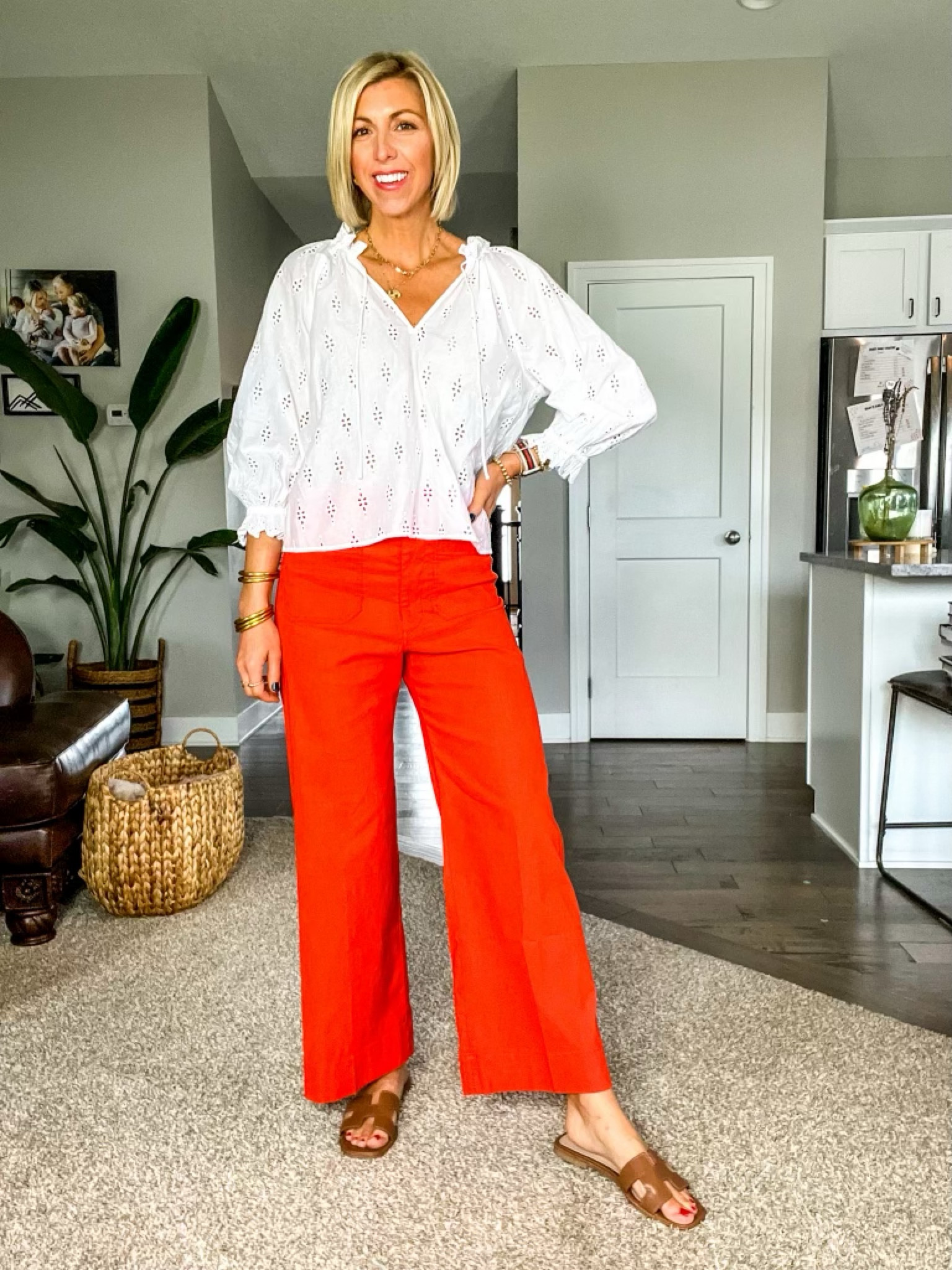 How to wear statement pants, white blouse, sandals, #SarahKellyStyle #SummerOutfit #WideLegPants

#LTKxAnthro #LTKstyletip #LTKFind