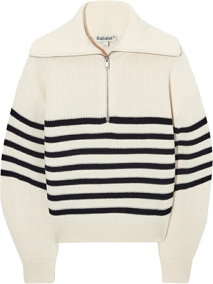 Babalet Womens Striped Knitted Lapel V Neck Zip Collar Pullover Sweater | Amazon (US)