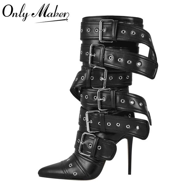 Onlymaker Women Pointed Toe Mid-Calf Boots Buckle Strap Thin High Heel Lady Zipper Female  Stilet... | AliExpress (US)