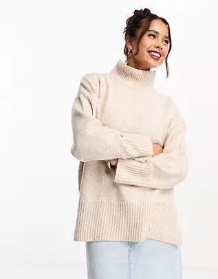 ASOS DESIGN longline jumper with high neck in oatmeal | ASOS (Global)