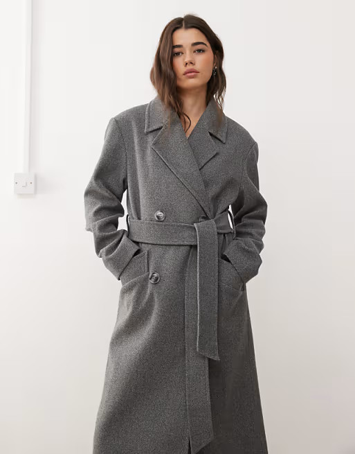 Miss Selfridge belted wrap formal coat in grey marl | ASOS (Global)