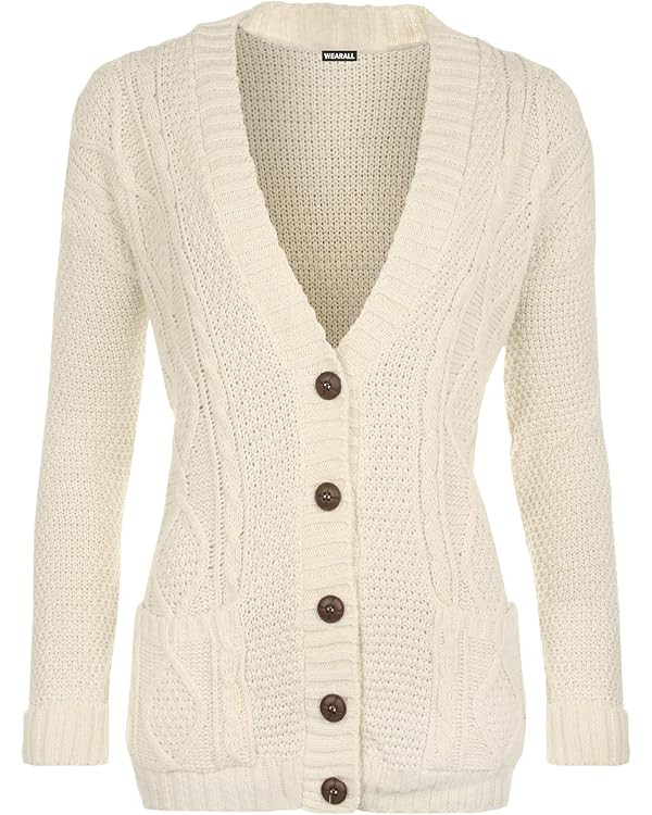 WearAll Womens Cable Knitted Button Cardigan Long Sleeve Ladies Boyfriend Top Sizes 8-14 | Amazon (UK)