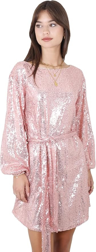 Anna-Kaci Women's Sparkly Sequins Party Long Sleeve Crew Neck Elegant Loose Dress | Amazon (US)