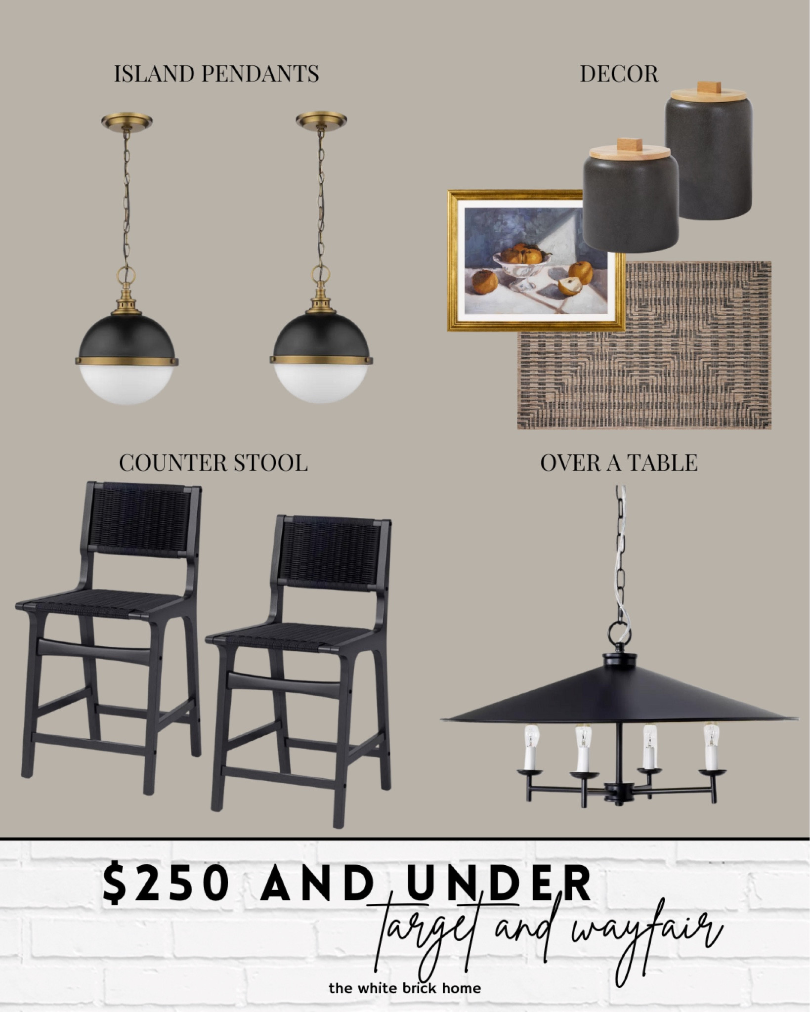Affordable kitchen finds from Target and Wayfair! 

Kitchen, kitchen decor, kitchen remodel, kitchen design, black and brass kitchen, Wayfair kitchen lighting, kitchen island pendants, rug, kitchen wall art, kitchen stools, counter stools, target kitchen stools, home decor accessories, budget friendly lighting, target, Wayfair. 

#LTKFindsUnder100 #LTKStyleTip #LTKHome