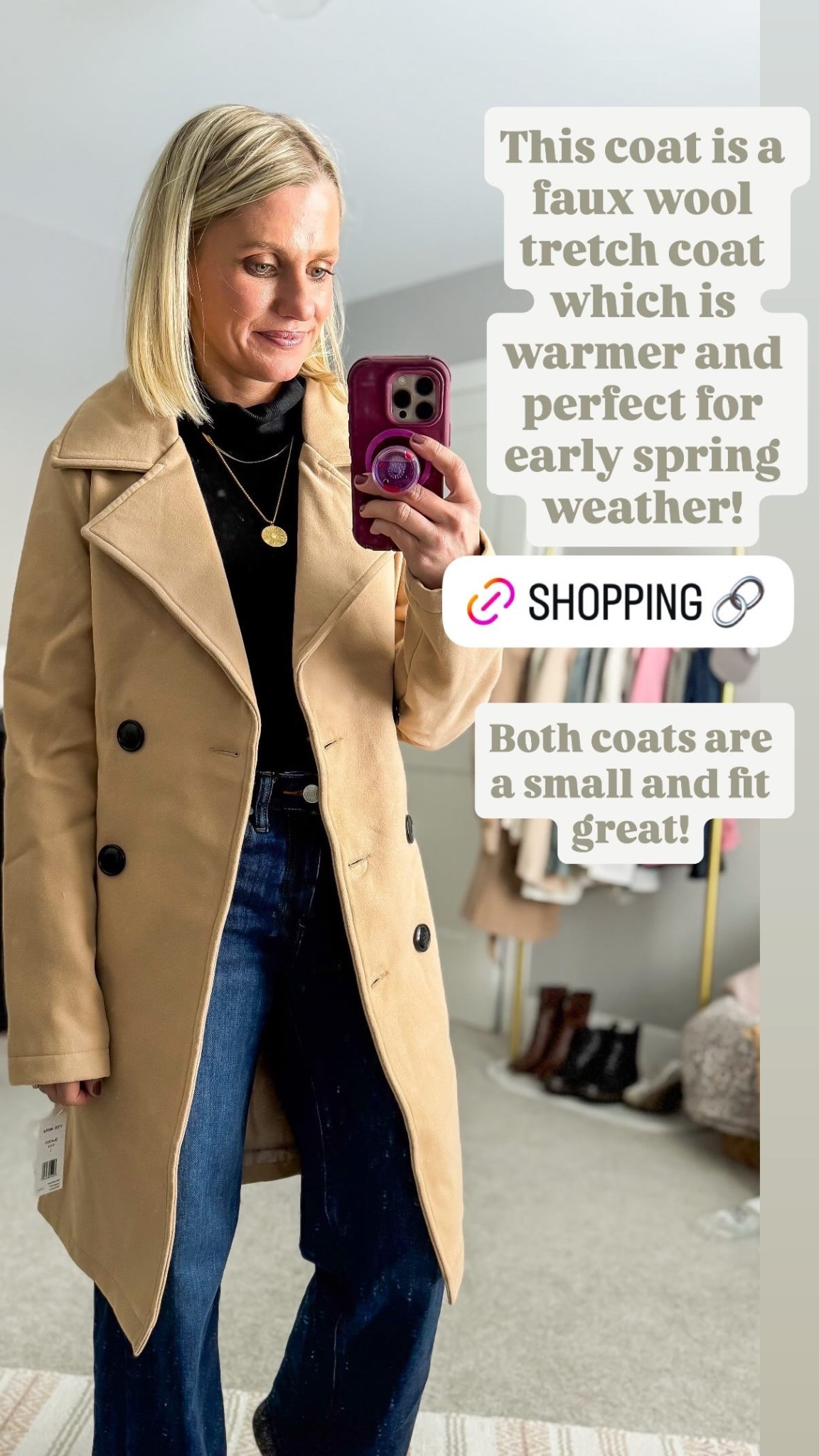 This coat is a faux wool tretch coat which is warmer and perfect for early spring weather! Both coats are a small and fit great!