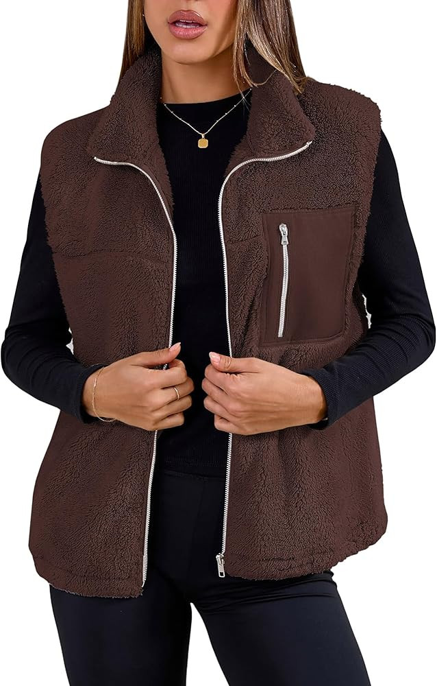 SimpleFun Women's Fuzzy Fleece Vest Trendy Zip Up Sleeveless Sherpa Jacket Stand Collar Winter Co... | Amazon (US)
