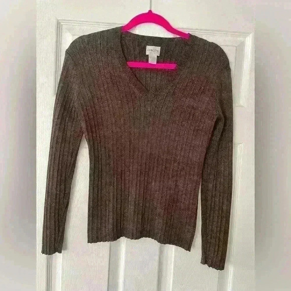 CHICOS Chocolate Copper Sparkly V- Neck Sweater - A73 | Poshmark